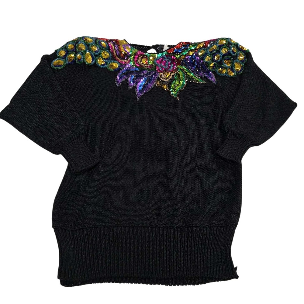 ROCHELLE CALIFORNIA Black Sequin Embellished Knit Sweater Womens M 80's Mob Wife